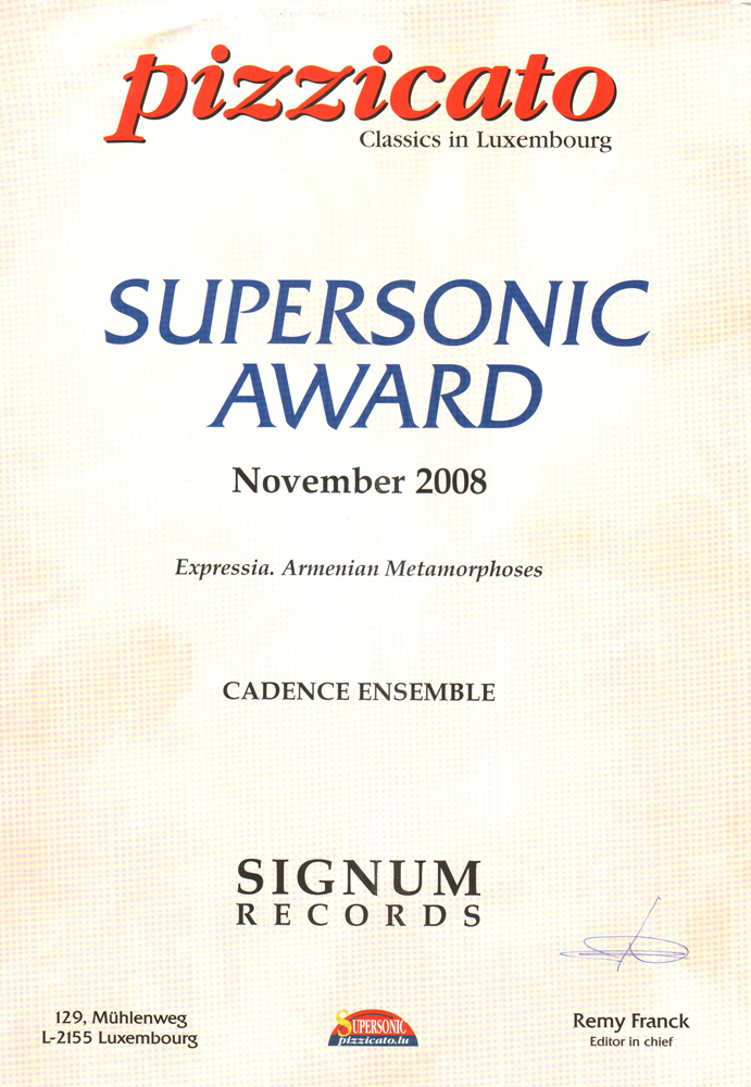 SUPERSONIC Award Certificate nominated to the 'Cadence' Ensemble reached Yerevan